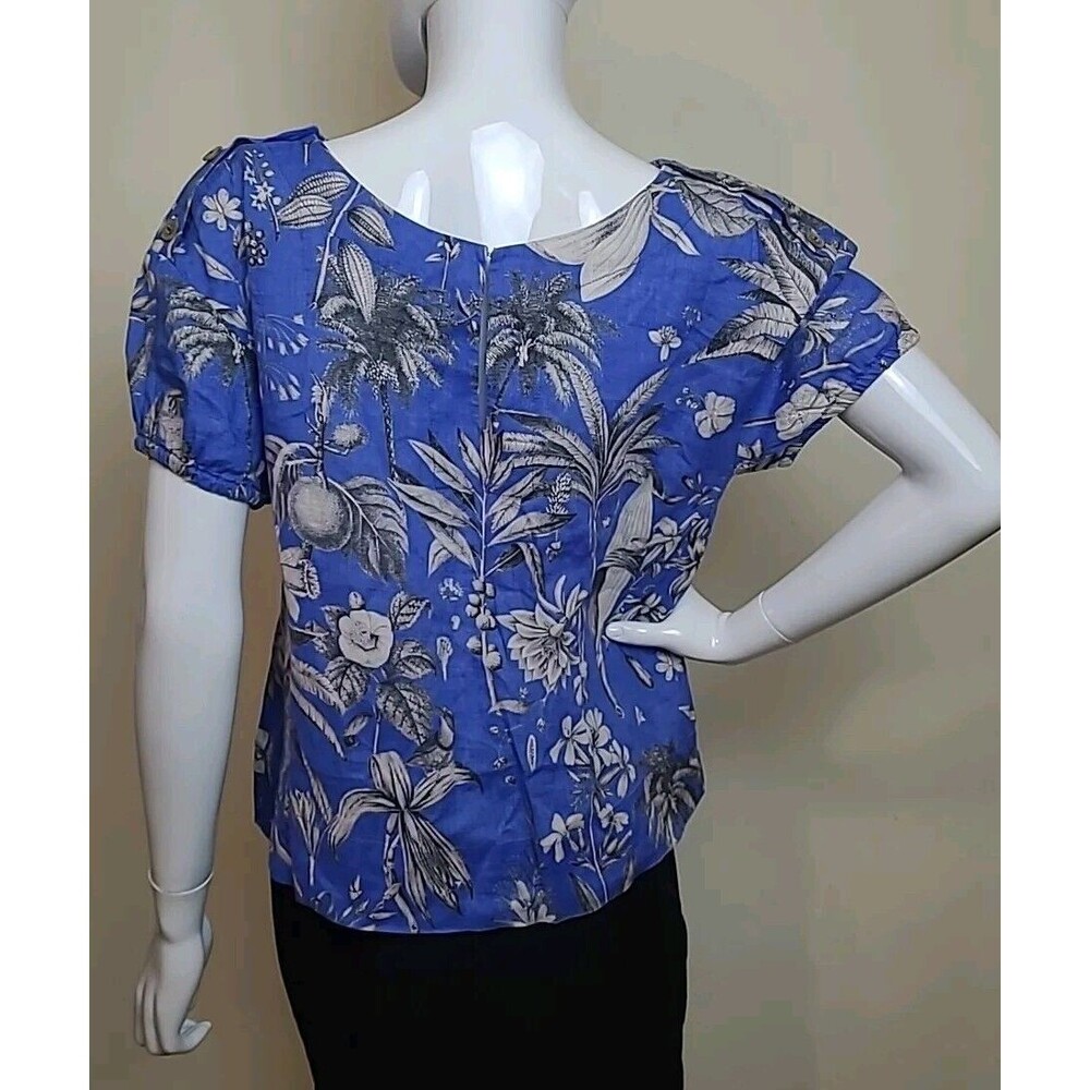 J Crew Blue White Floal Tropical Cap Sleeve Key Whole Back Round Neck Top Small - Picture 6 of 8